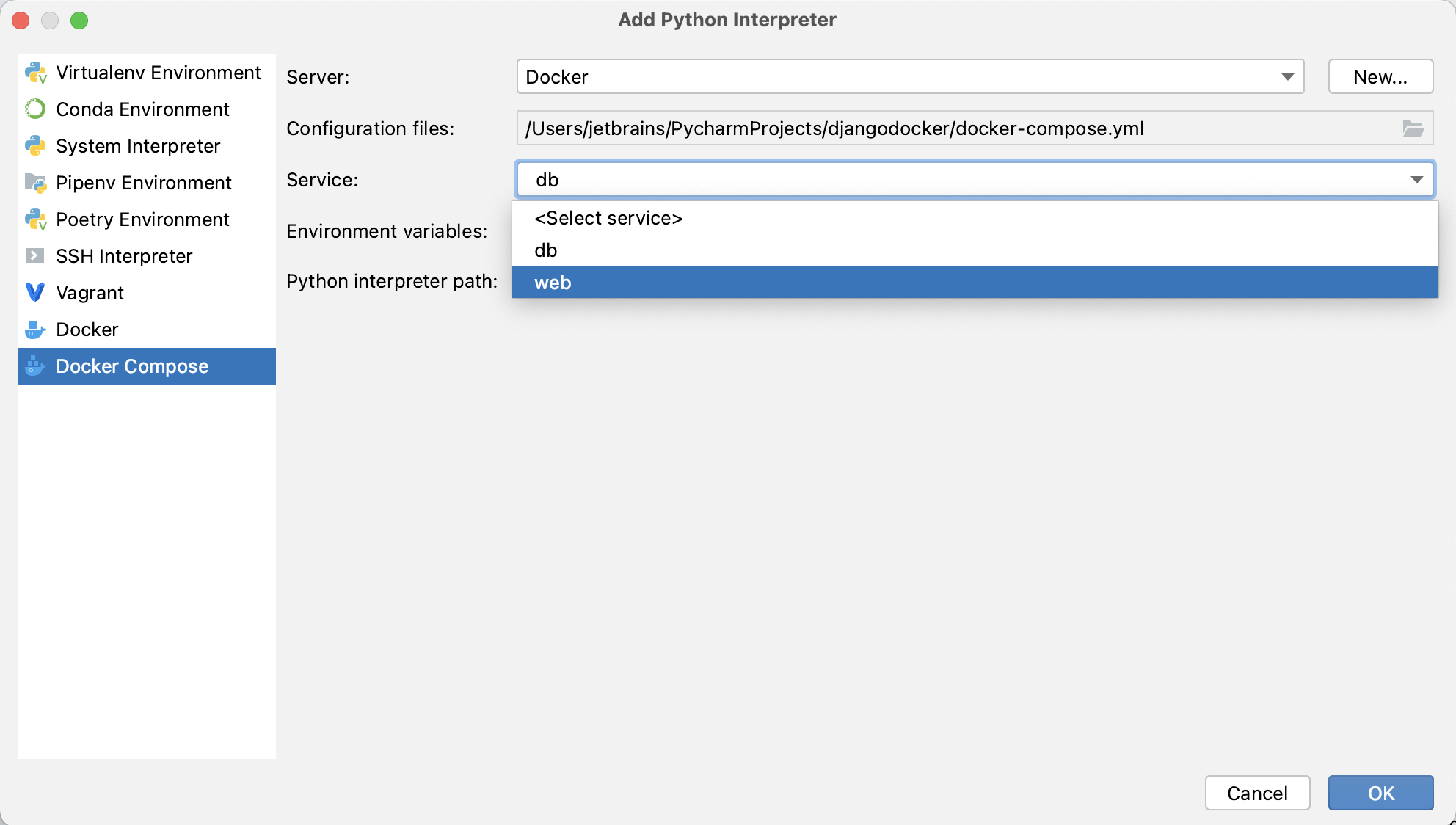 Docker Compose を使用した Python インタープリターの設定