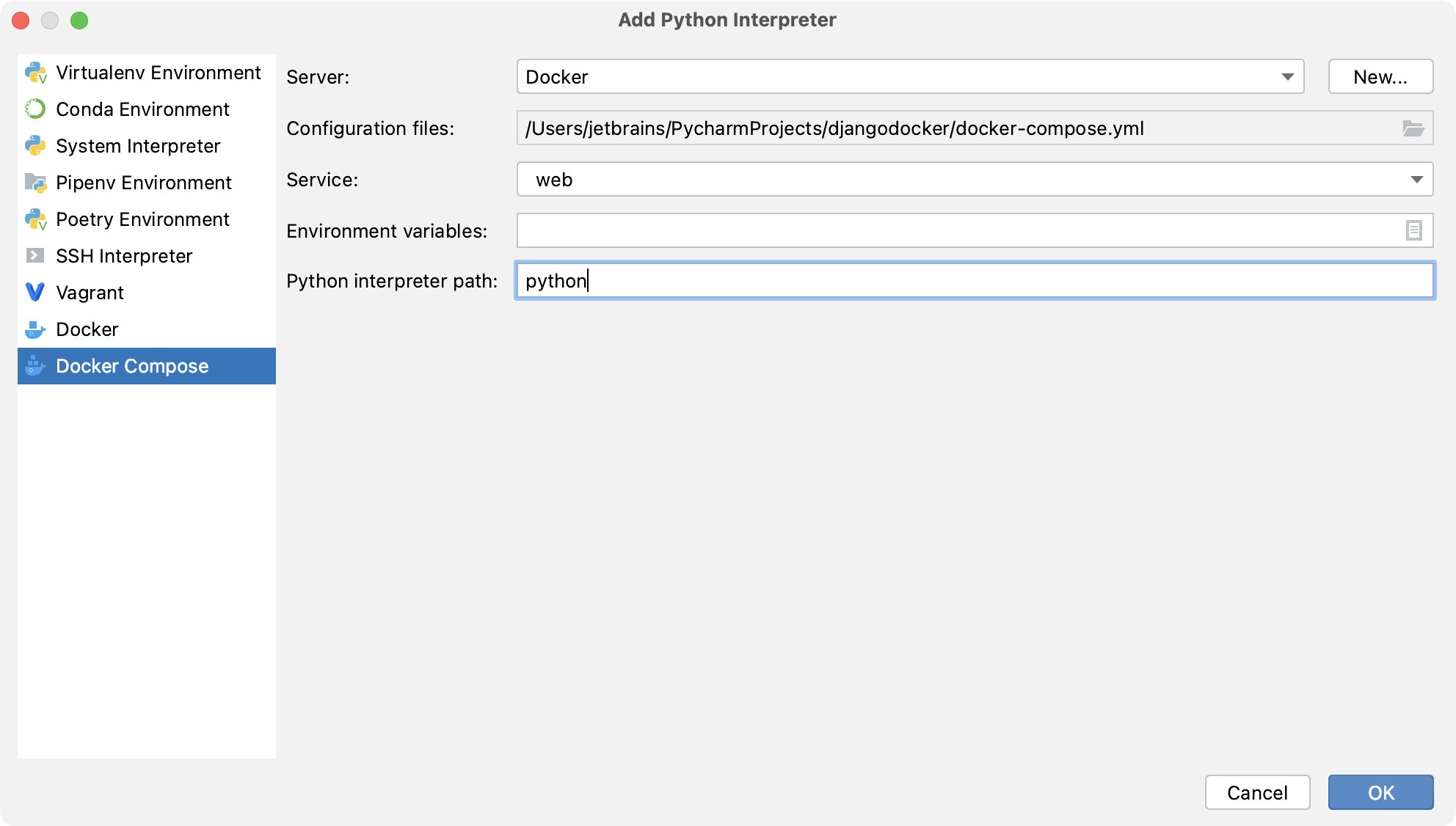 Docker Compose を使用した Python インタープリターの設定