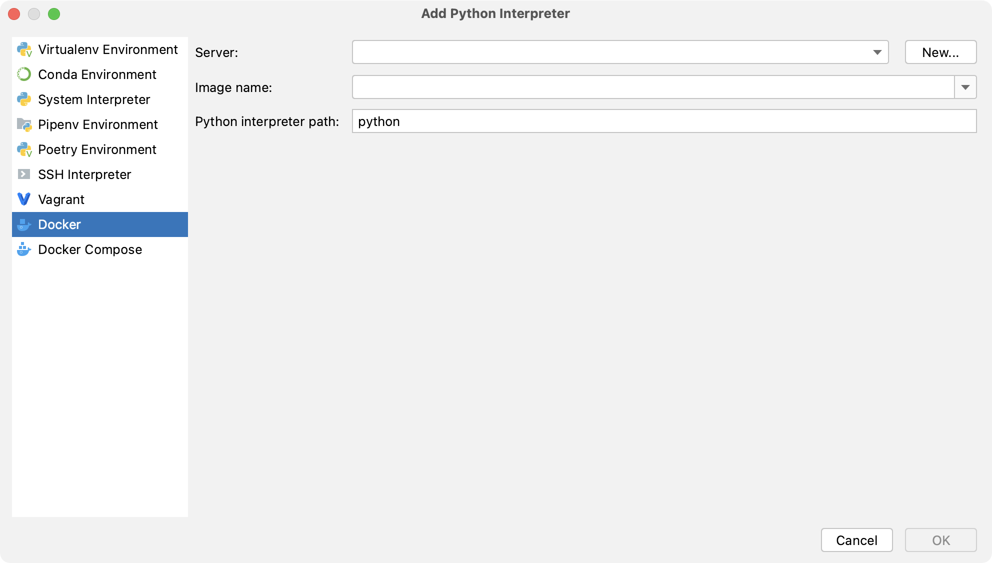 Docker を使用して Python インタープリターを追加する