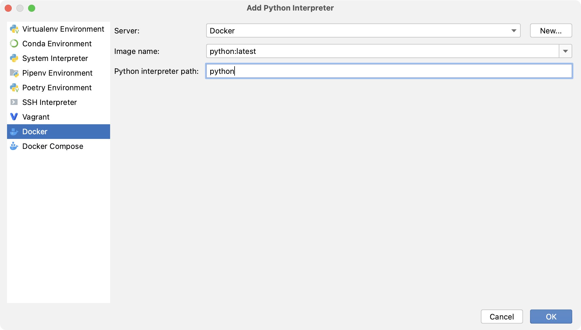 Docker を使用した Python インタープリターの設定