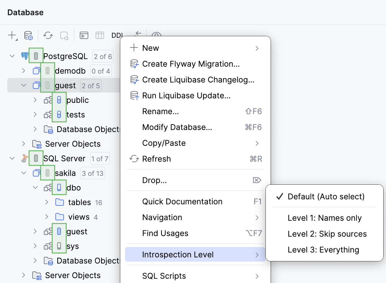 Introspection levels in Database tool window Introspection levels in Database tool window