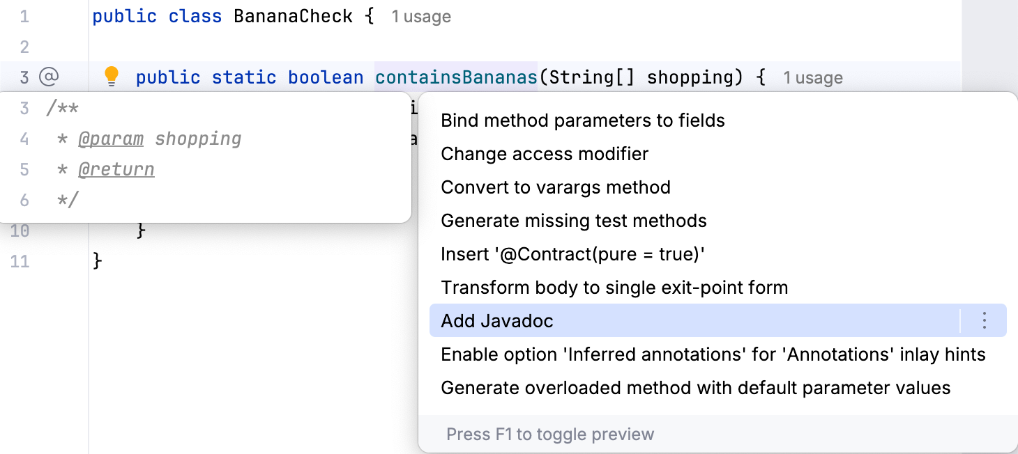 Adding a Javadoc using the 'Add Javadoc' context action Adding a Javadoc using the 'Add Javadoc' context action