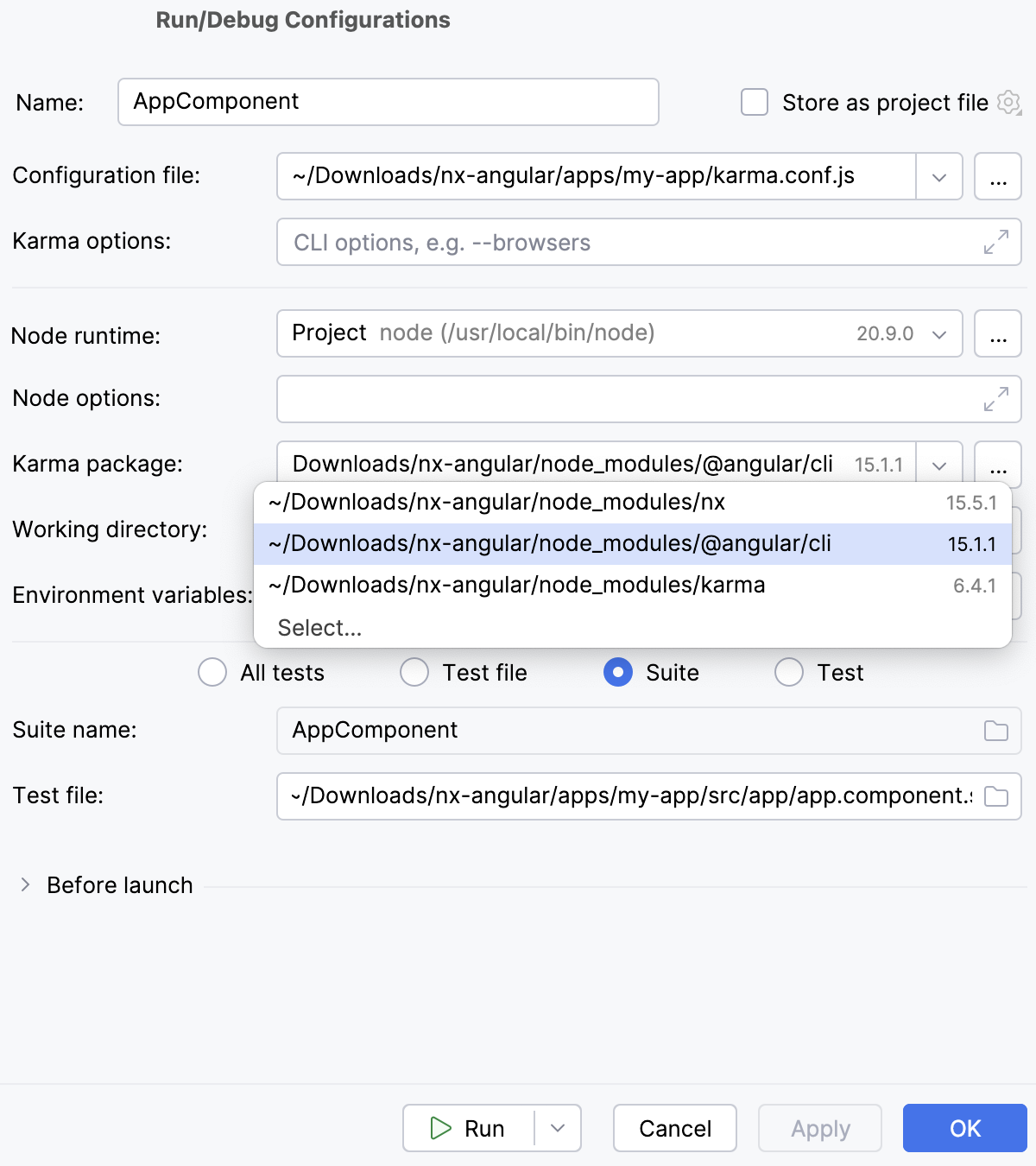 Karma run/debug configuration - select Karma package Karma run/debug configuration - select Karma package