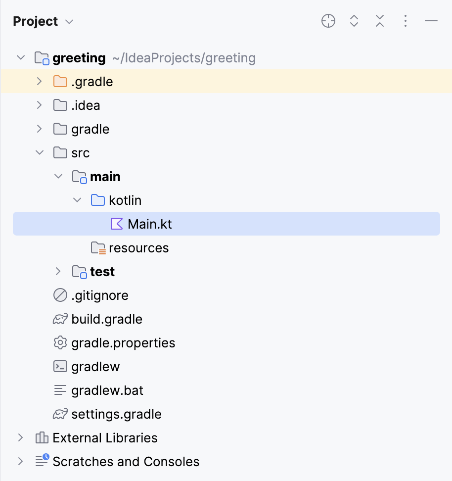 src/main/kotlin/main.kt in the Project tool window src/main/kotlin/main.kt in the Project tool window