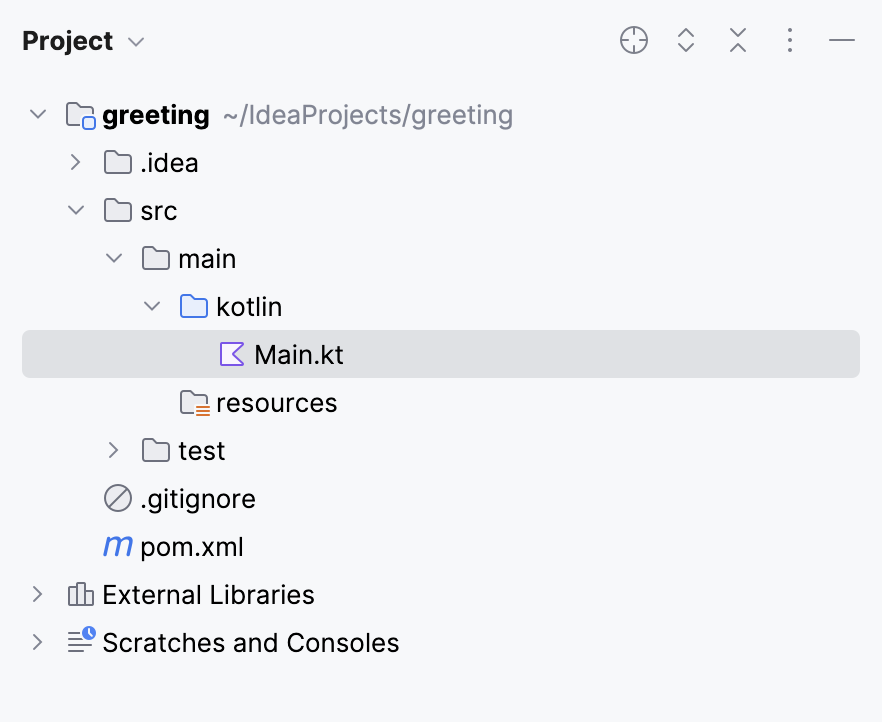 src/main/kotlin/main.kt in the Project tool window src/main/kotlin/main.kt in the Project tool window