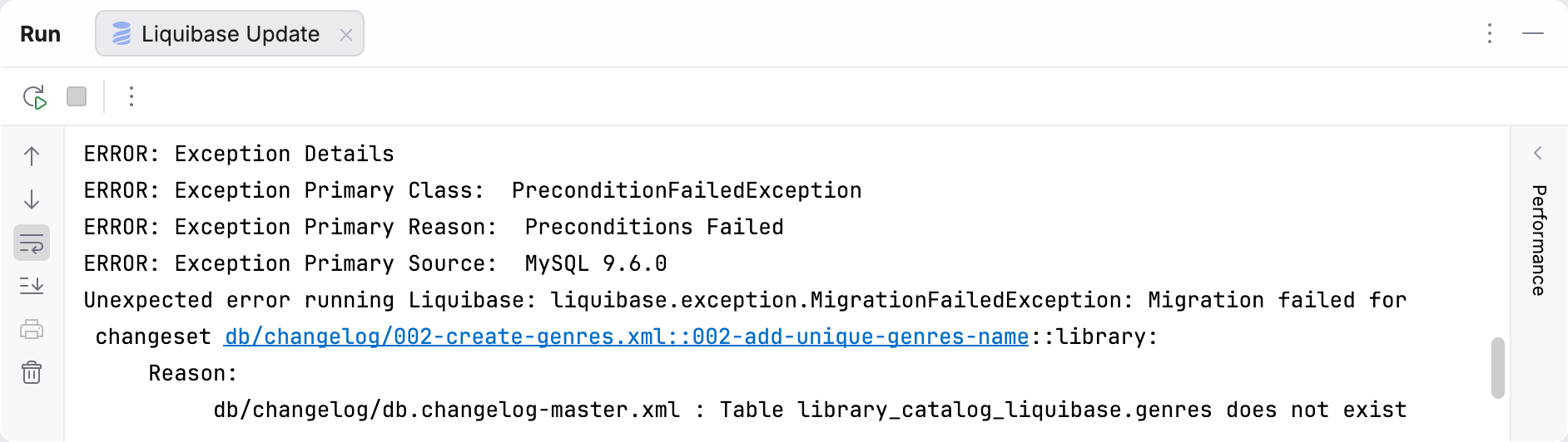 Name of the changelog that caused the error highlighted in the Run tool window