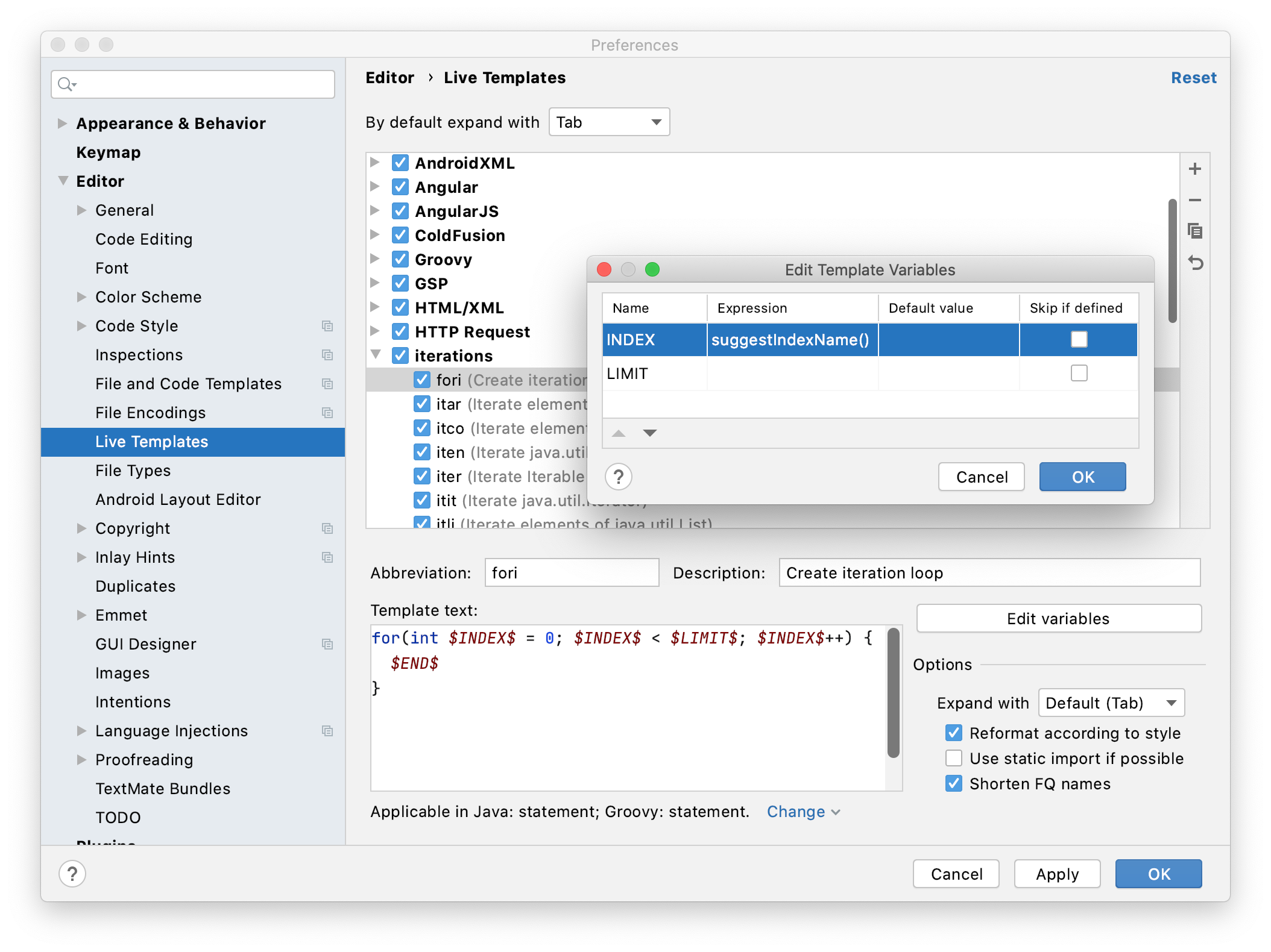 Live template variables Live template variables