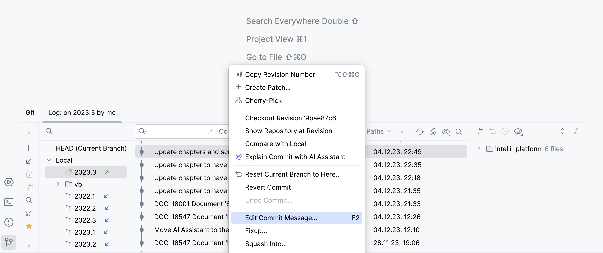 Context menu of the selected commit Context menu of the selected commit