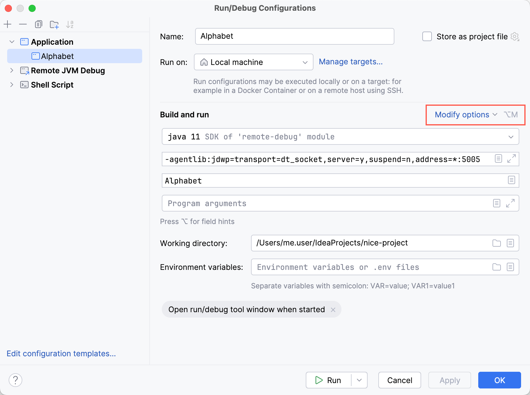 The 'Modify options' button in the 'Run/Debug Configurations' dialog The 'Modify options' button in the 'Run/Debug Configurations' dialog