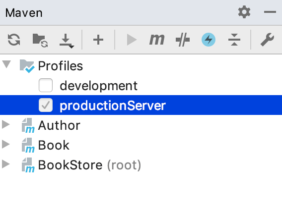 the Maven tool window: selected profile the Maven tool window: selected profile