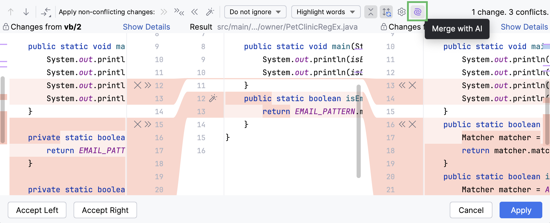 The Merge with AI option in the Merge Revisions dialog The Merge with AI option in the Merge Revisions dialog