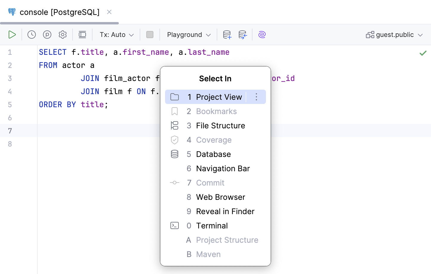 Navigate to a query console  from the Select In window