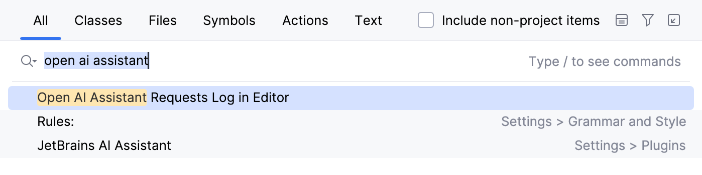 AI Assistant のリクエストログを開くためのどこでも検索のアクション AI Assistant のリクエストログを開くためのどこでも検索のアクション