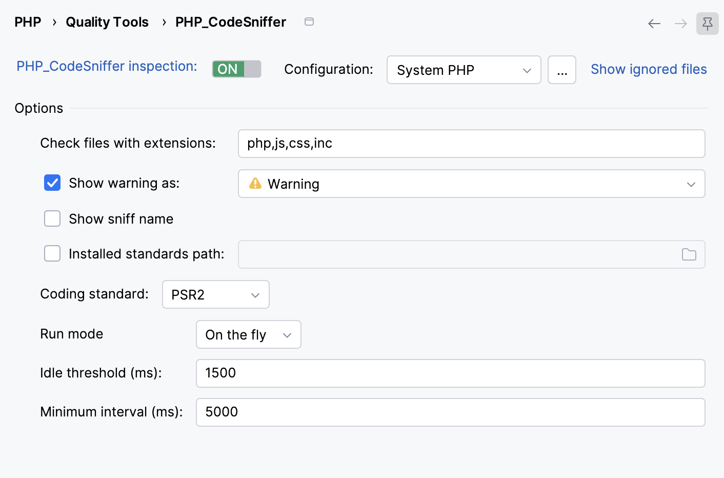 PHP_CodeSniffer settings