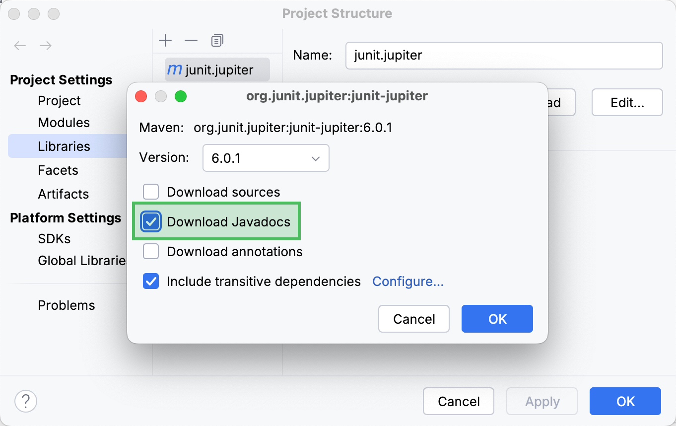 Location of the Download Javadocs checkbox Location of the Download Javadocs checkbox