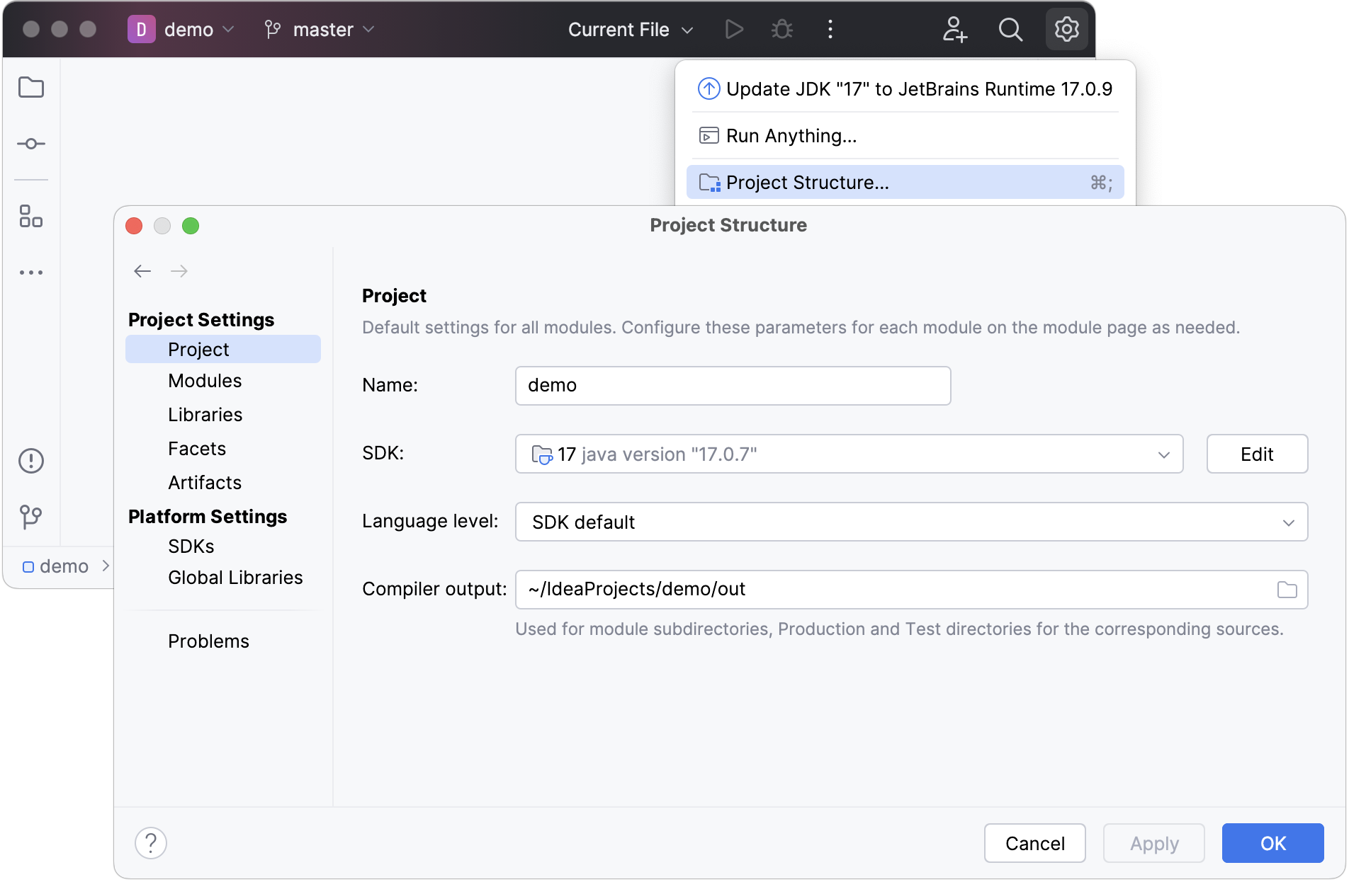 Project page of the Project Structure dialog Project page of the Project Structure dialog
