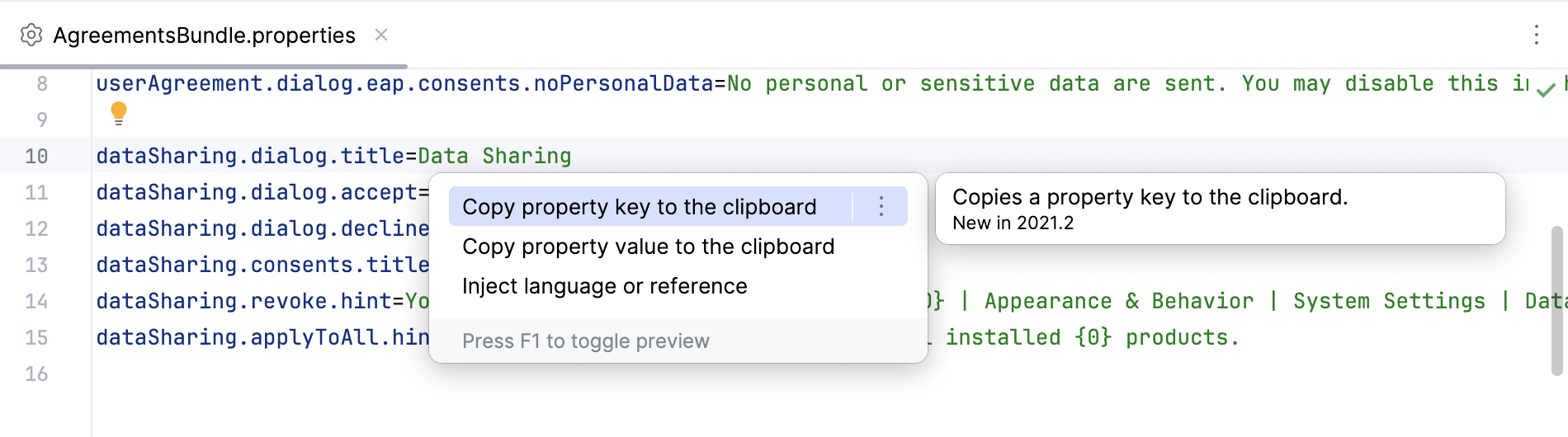 Context actions to copy the key and value of a property Context actions to copy the key and value of a property