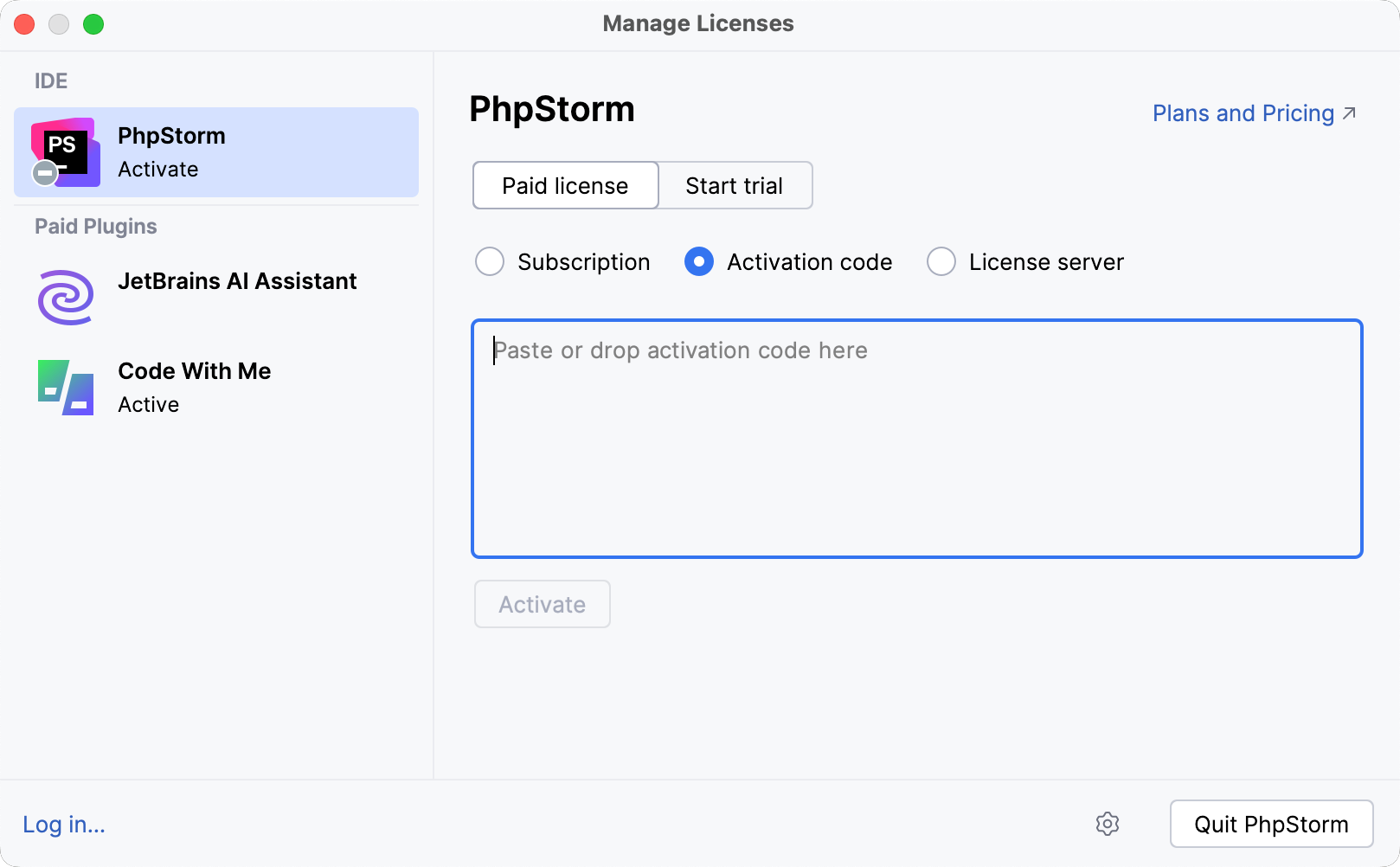 Activate PhpStorm license with an activation code Activate PhpStorm license with an activation code