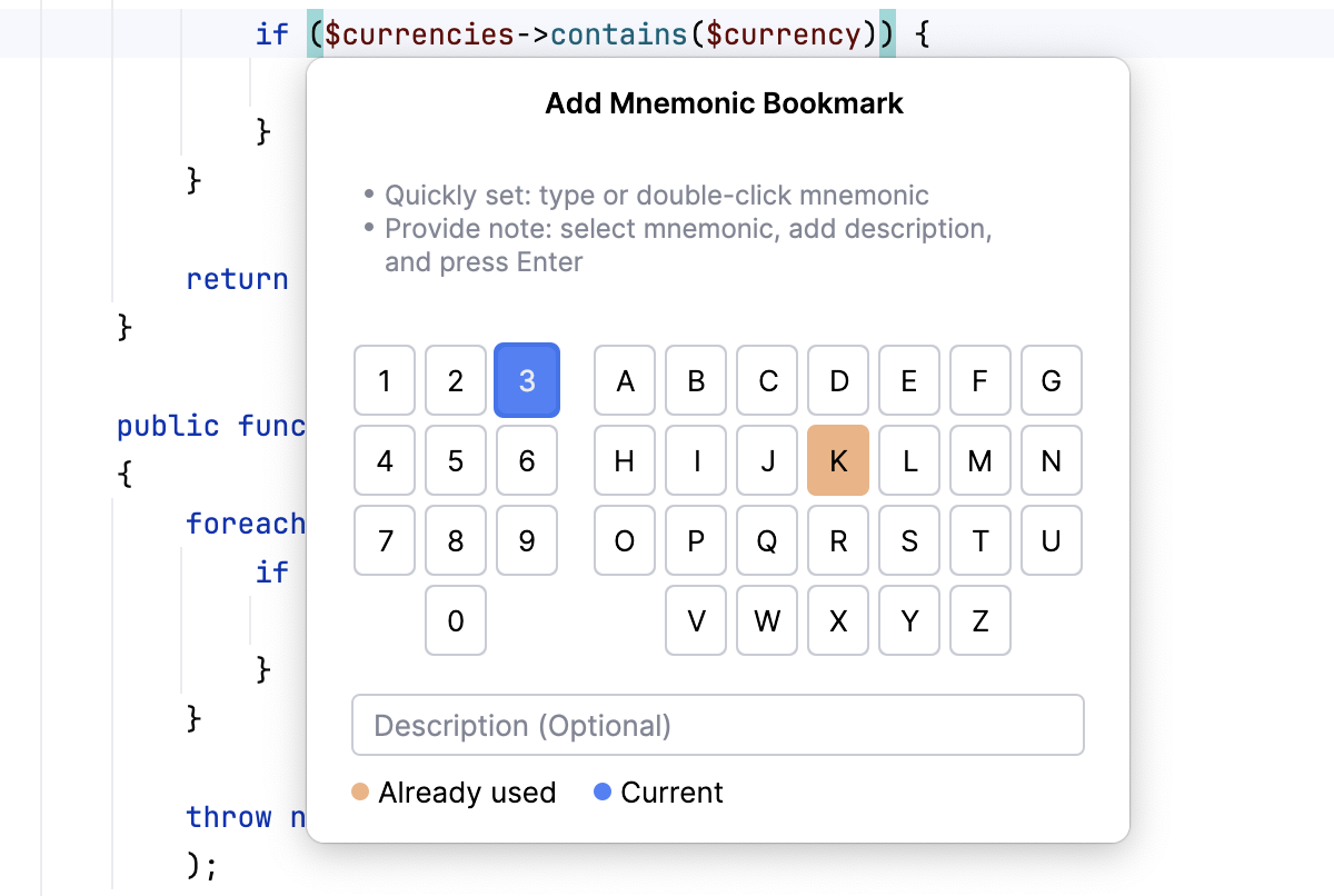 Adding a mnemonic bookmark: select an identifier Adding a mnemonic bookmark: select an identifier