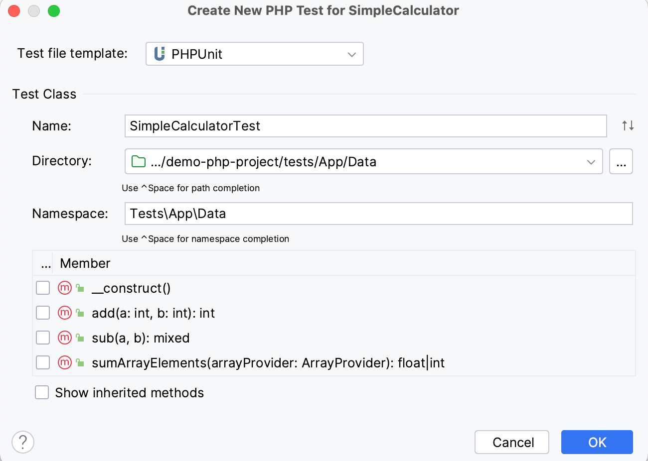 the Create new phpunit test dialog the Create new phpunit test dialog