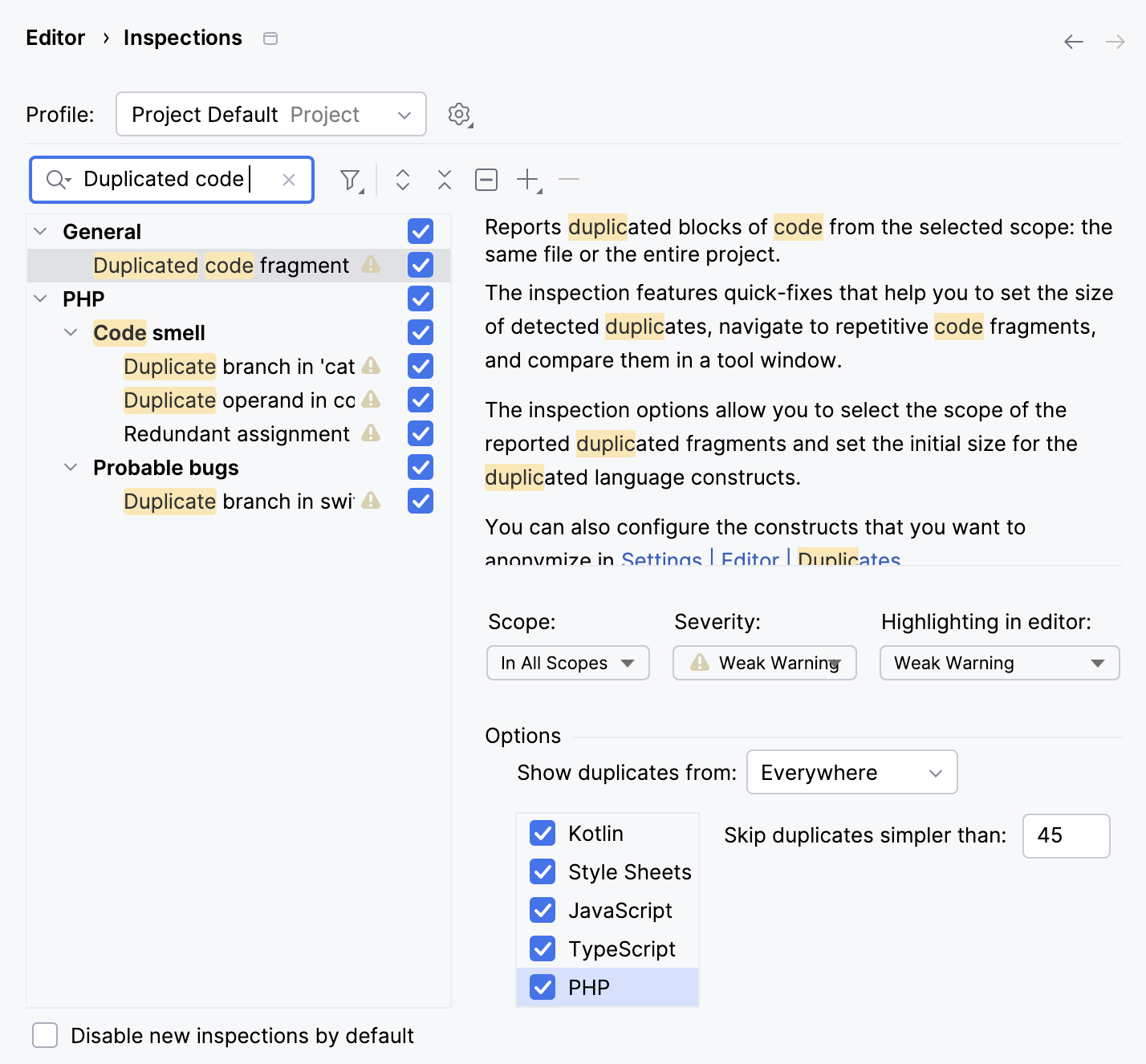 Duplicated Code Fragment inspection settings Duplicated Code Fragment inspection settings