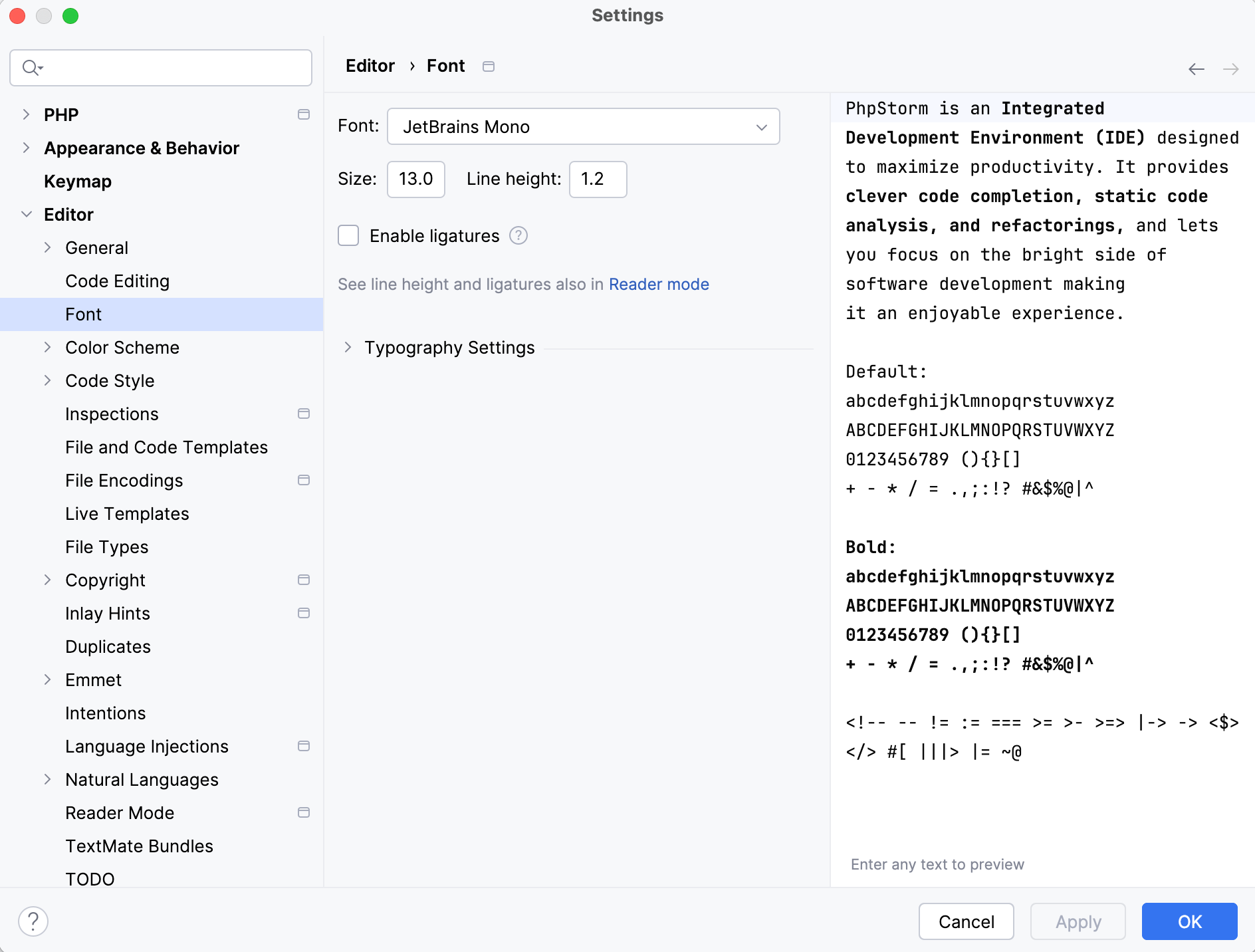 The Font settings page The Font settings page