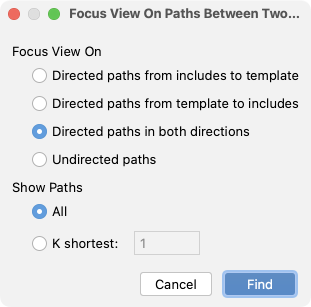 The Focus on Paths between Two Nodes dialog The Focus on Paths between Two Nodes dialog