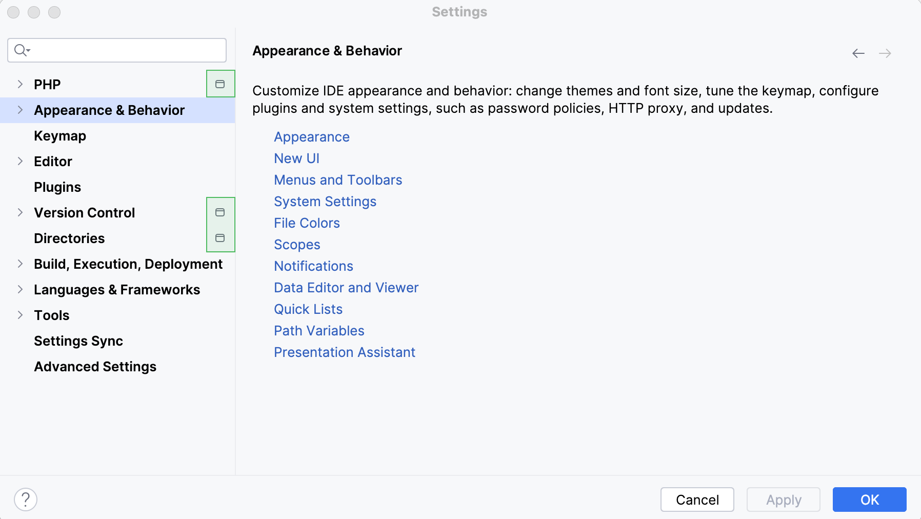 Project settings marked in the Settings dialog Project settings marked in the Settings dialog