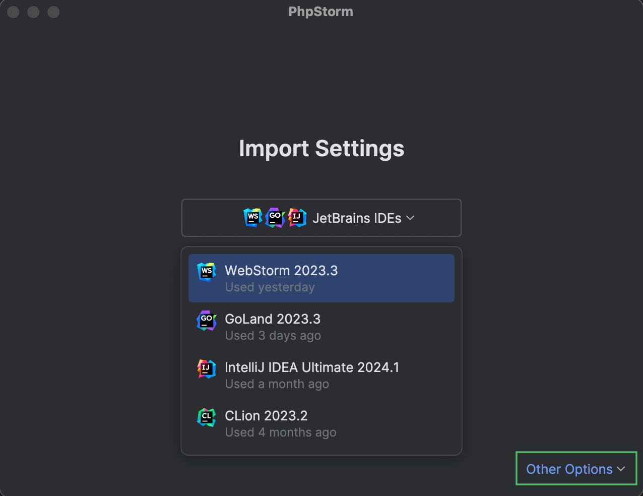 The Import Settings dialog with the opened drop-down list The Import Settings dialog with the opened drop-down list