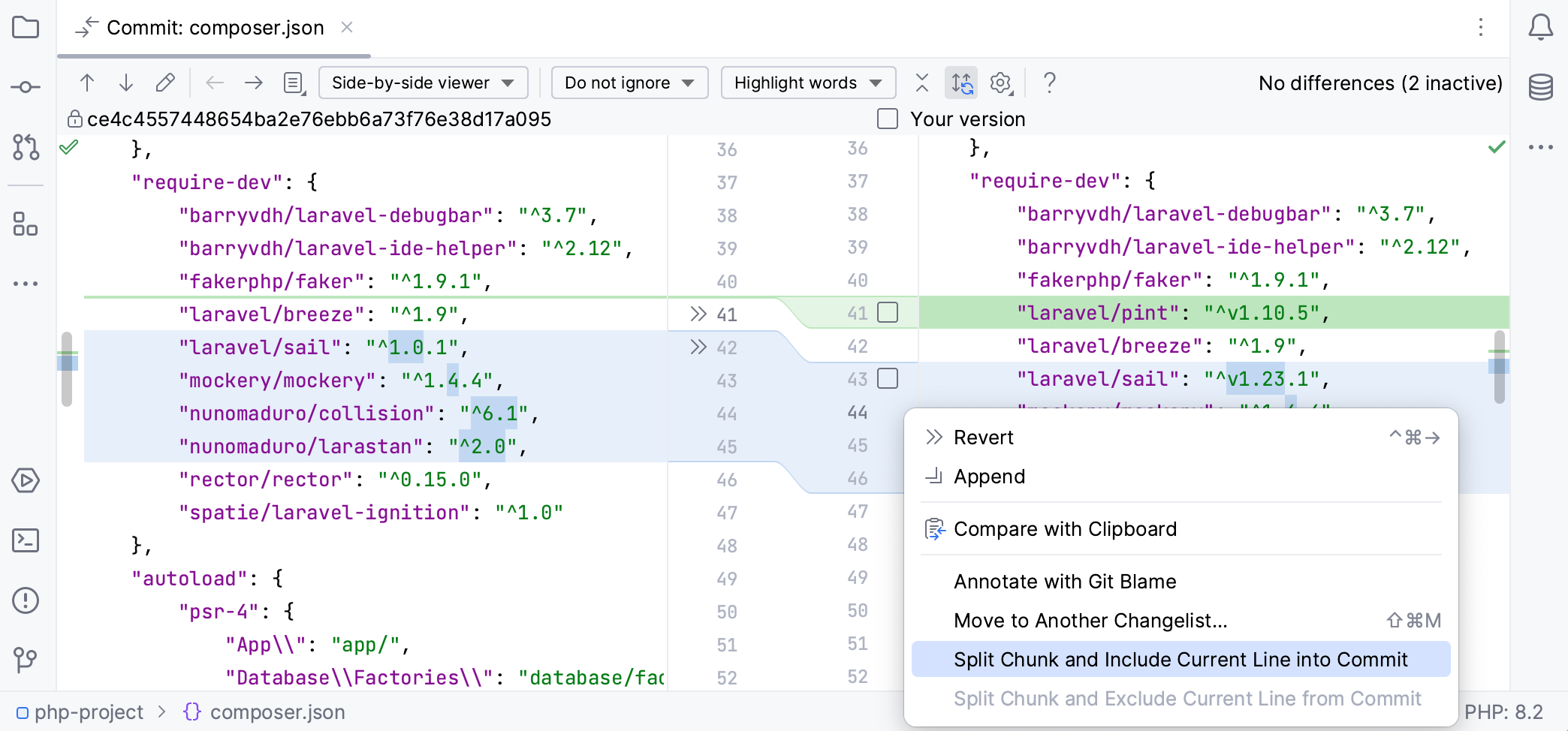 PhpStorm: An option to include the current line in commit in the context menu