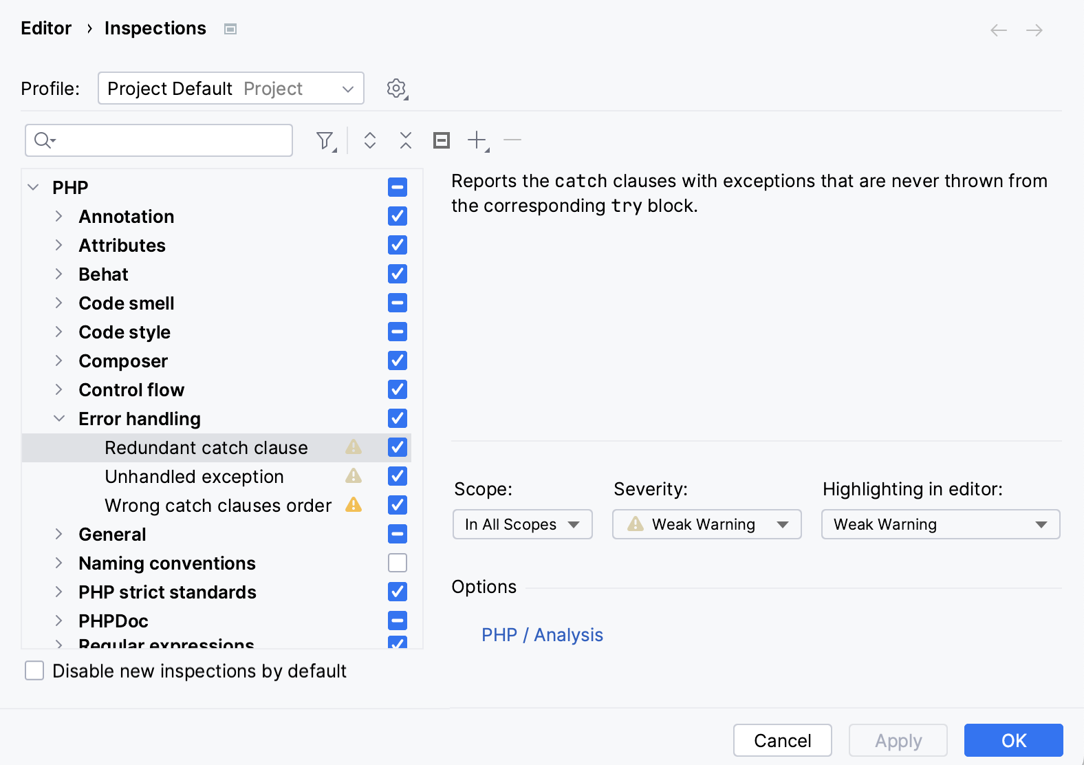 The list of inspections and their settings The list of inspections and their settings
