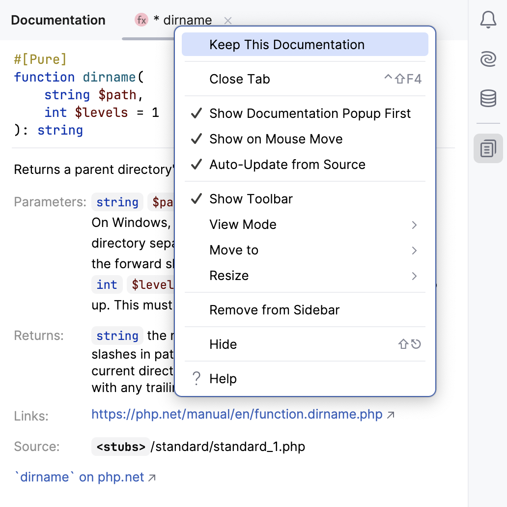 Keep Quick Documentation in tool window Keep Quick Documentation in tool window