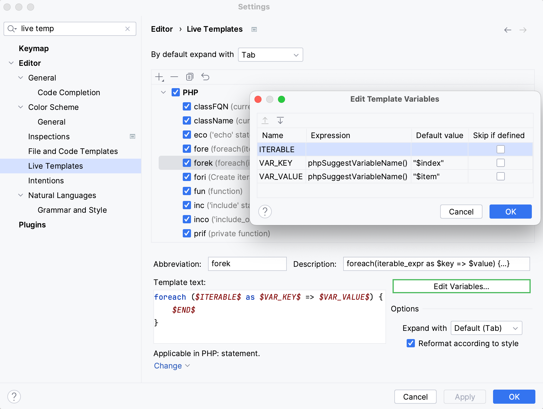 Live template variables Live template variables