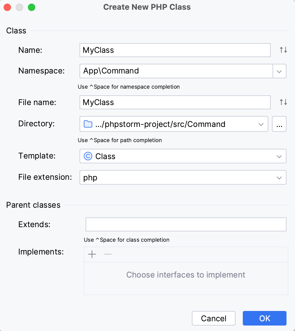 Create New PHP Class dialog Create New PHP Class dialog