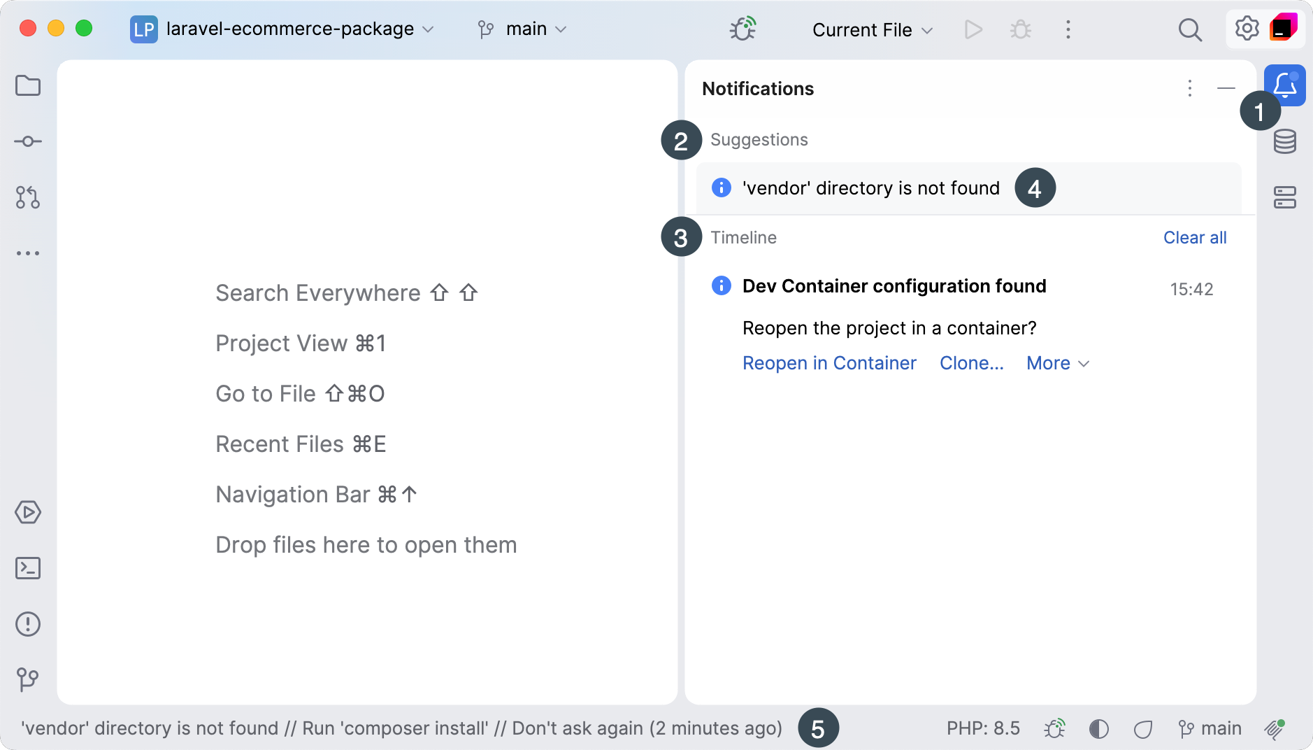 Notifications tool window in PhpStorm with Suggestions and Timeline sections, showing framework support and Composer error notifications Notifications tool window in PhpStorm with Suggestions and Timeline sections, showing framework support and Composer error notifications