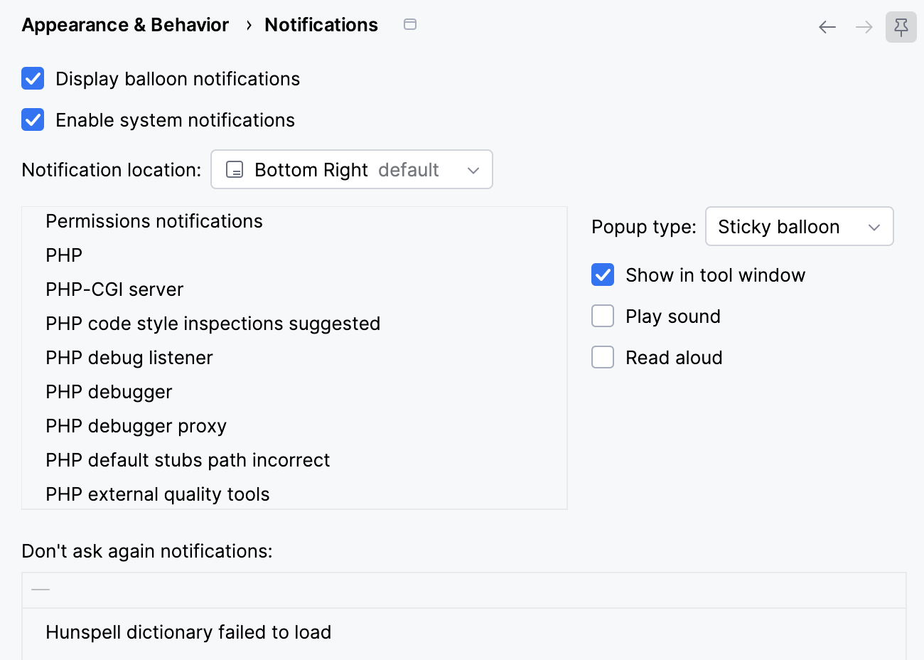 Notifications settings in PhpStorm with Play sound and Read aloud checkboxes enabled for a selected notification type Notifications settings in PhpStorm with Play sound and Read aloud checkboxes enabled for a selected notification type