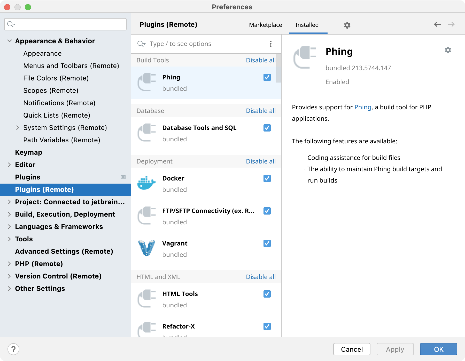 The Plugins settings dialog The Plugins settings dialog