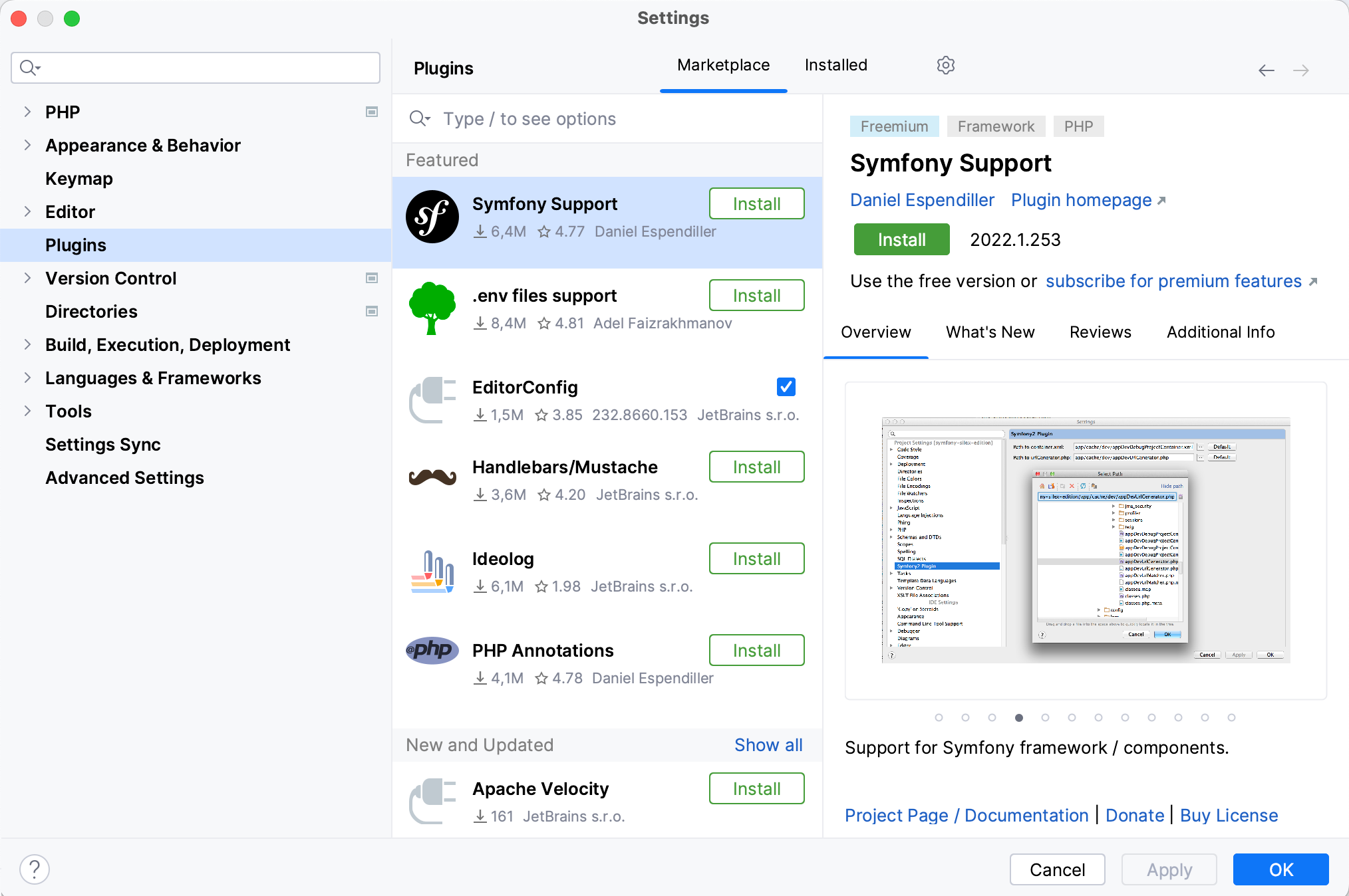 Plugins settings, Marketplace tab active, showing featured plugins: Symfony Support, WP CLI, EditorConfig, Handlebars/Mustache. Plugins settings, Marketplace tab active, showing featured plugins: Symfony Support, WP CLI, EditorConfig, Handlebars/Mustache.