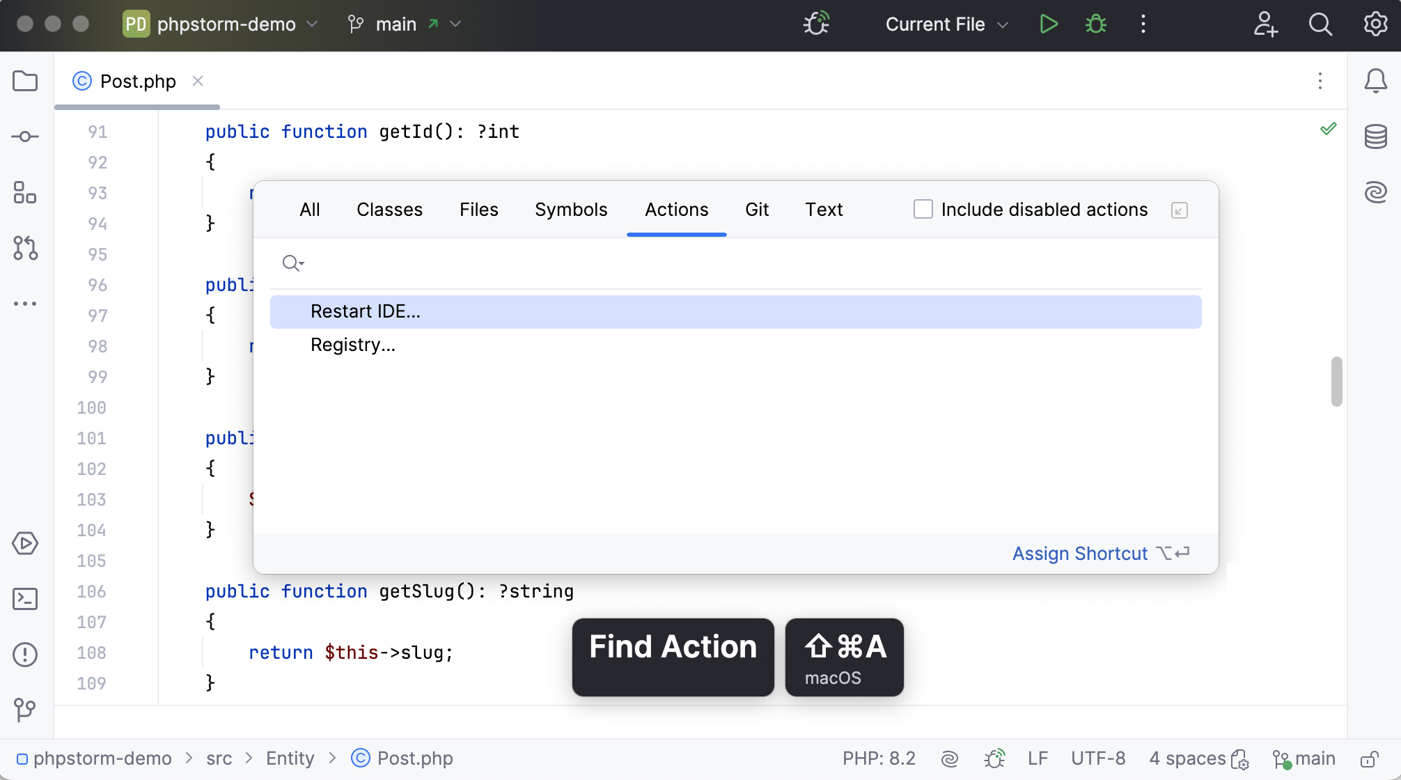 The Presentation Assistant displays the Find in Files command in the IDE. The Presentation Assistant displays the Find in Files command in the IDE.