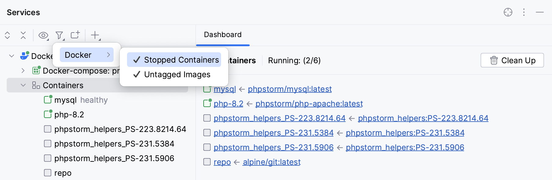 Services tool window - Docker - filter Services tool window - Docker - filter