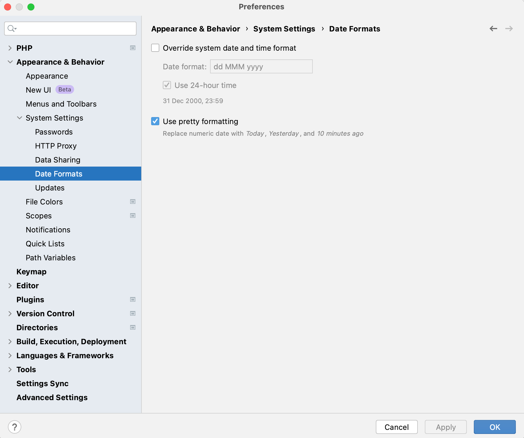 The Date Formats settings page The Date Formats settings page