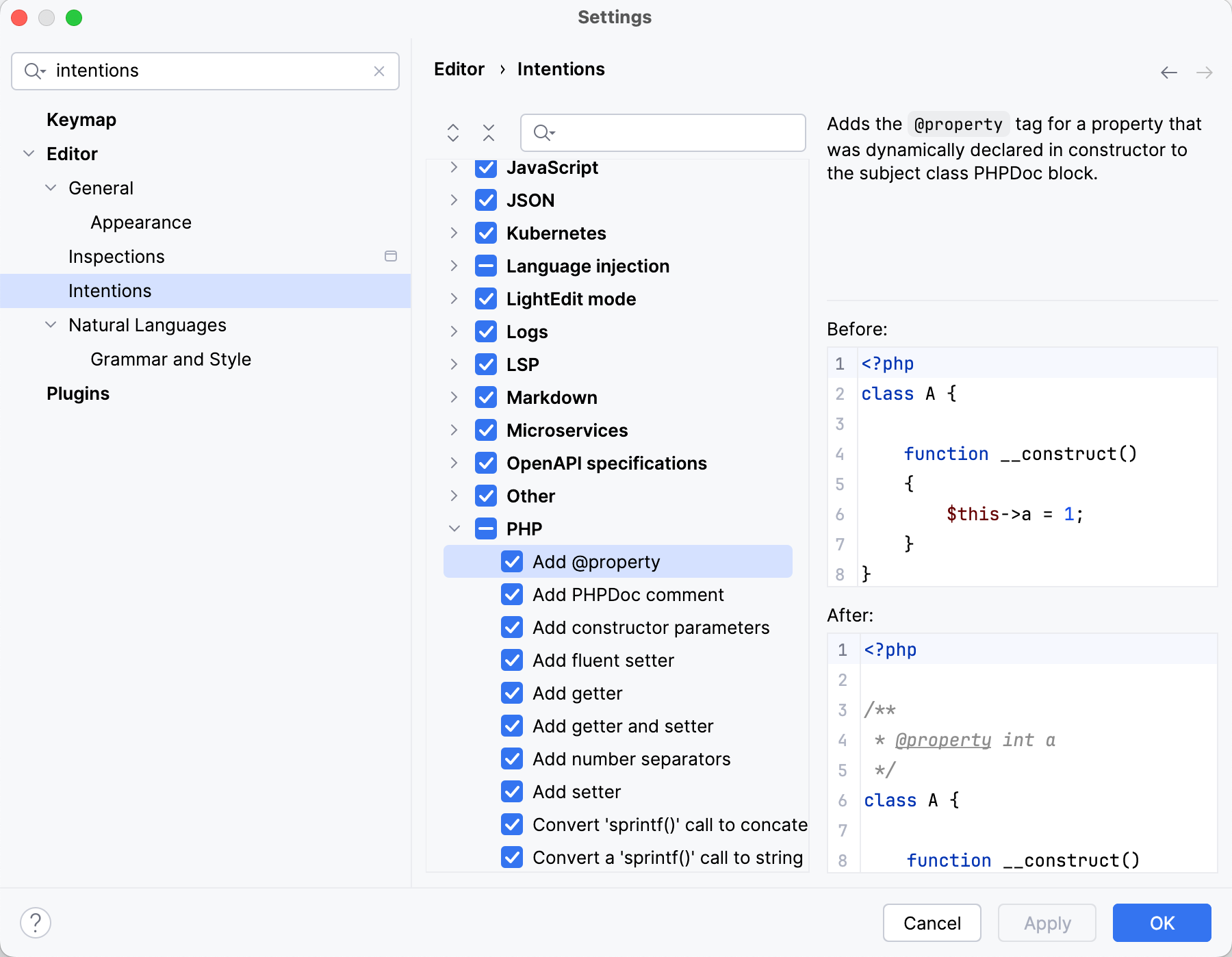 Settings of intention actions Settings of intention actions