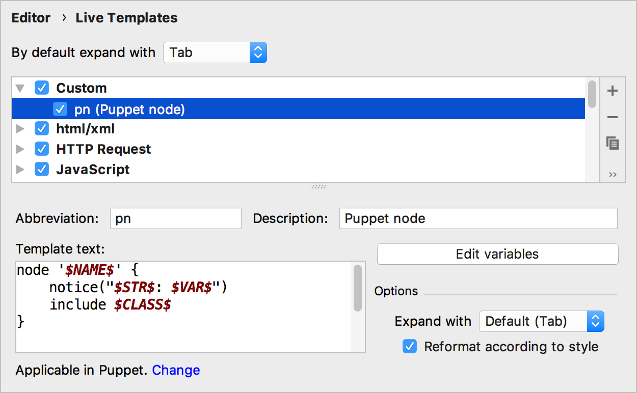 Puppet live templates Puppet live templates