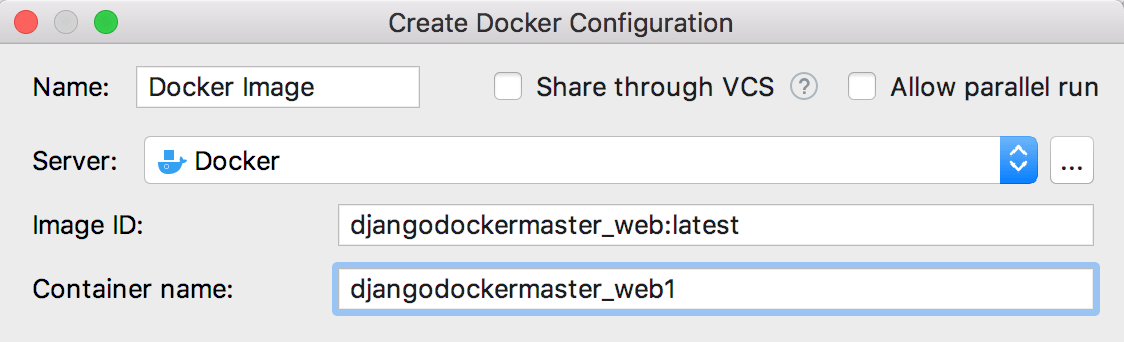 Docker 構成の作成ダイアログ