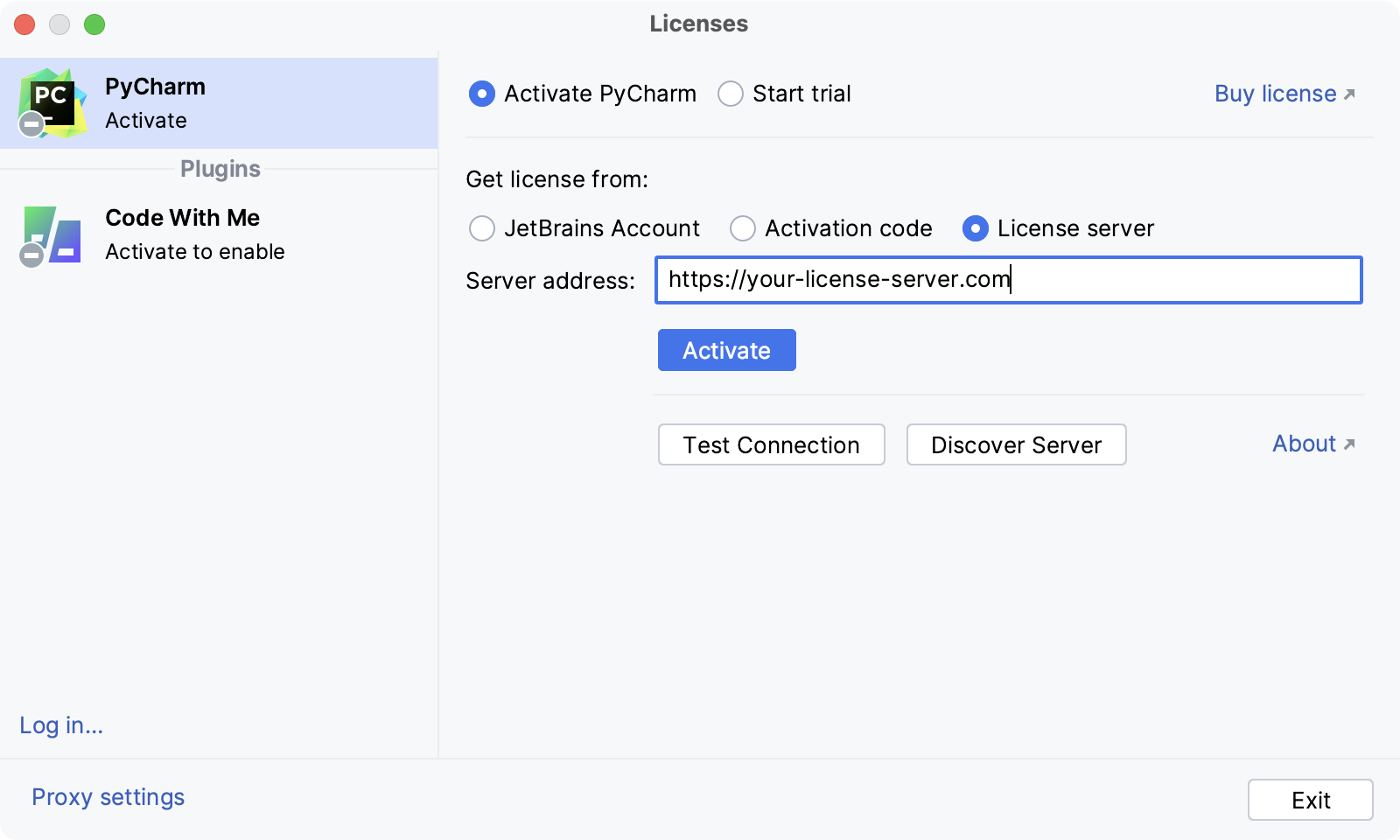 使用许可证服务器激活 PyCharm 许可证 使用许可证服务器激活 PyCharm 许可证