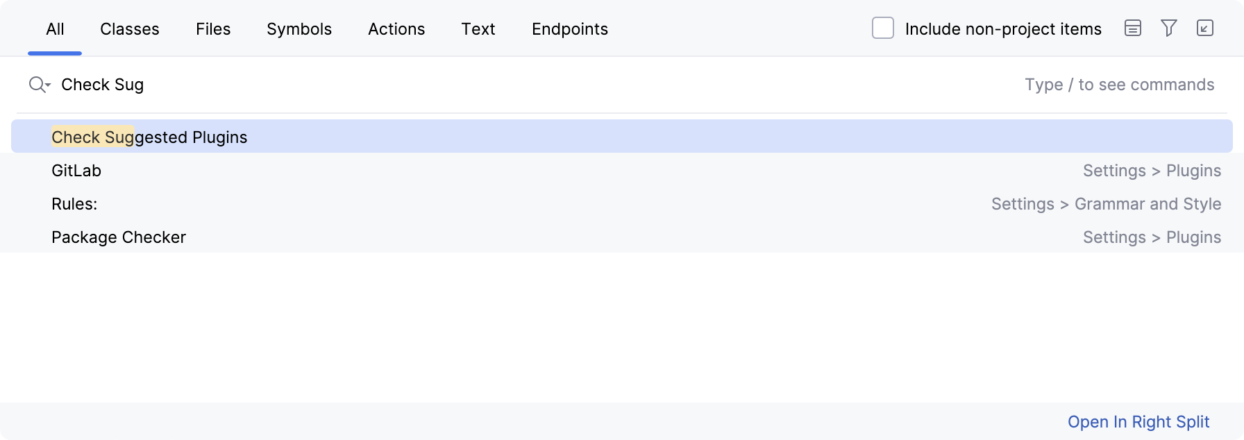 Go to Action popup showing Check Suggested Plugins highlighted as the top result, with GitLab, Rules, and Package Checker below. Go to Action popup showing Check Suggested Plugins highlighted as the top result, with GitLab, Rules, and Package Checker below.