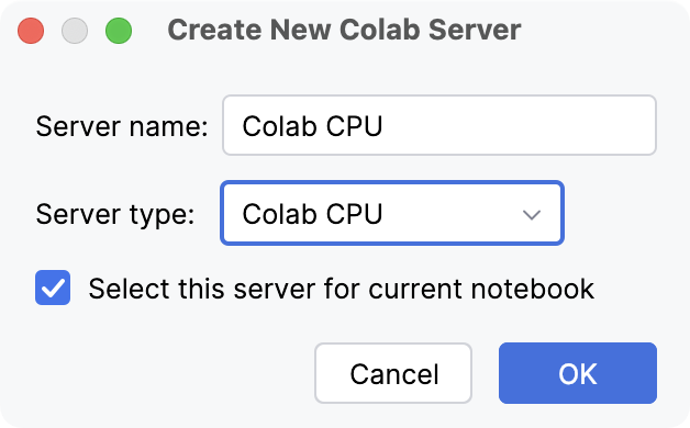 Create Colab server dialog Create Colab server dialog