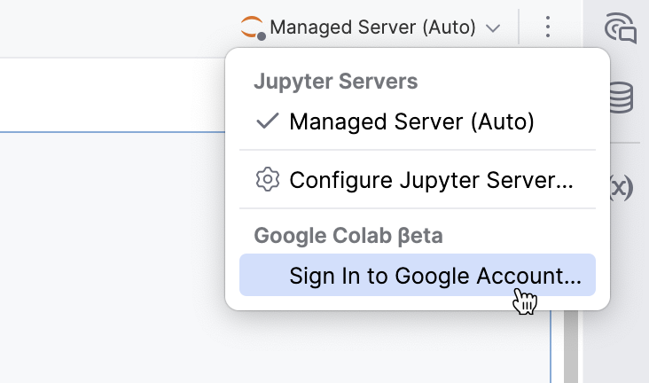 Jupyter server menu Jupyter server menu