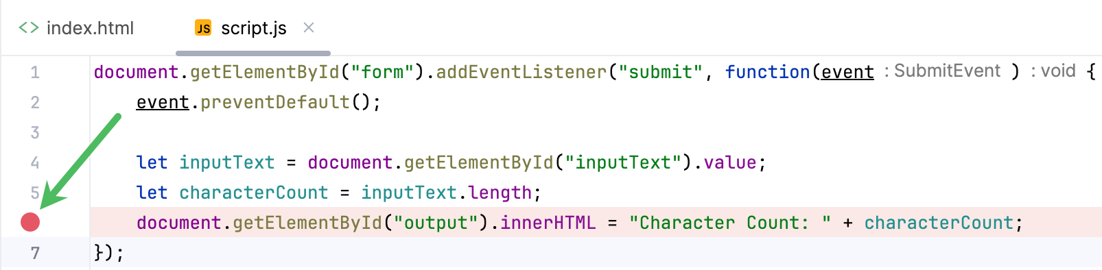 Setting a breakpoint in the JavaScript file Setting a breakpoint in the JavaScript file