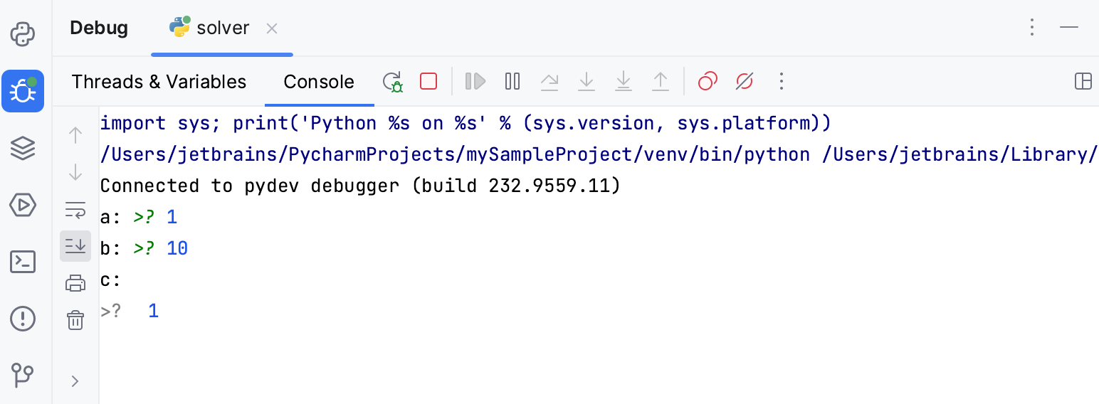 Debugging console Debugging console